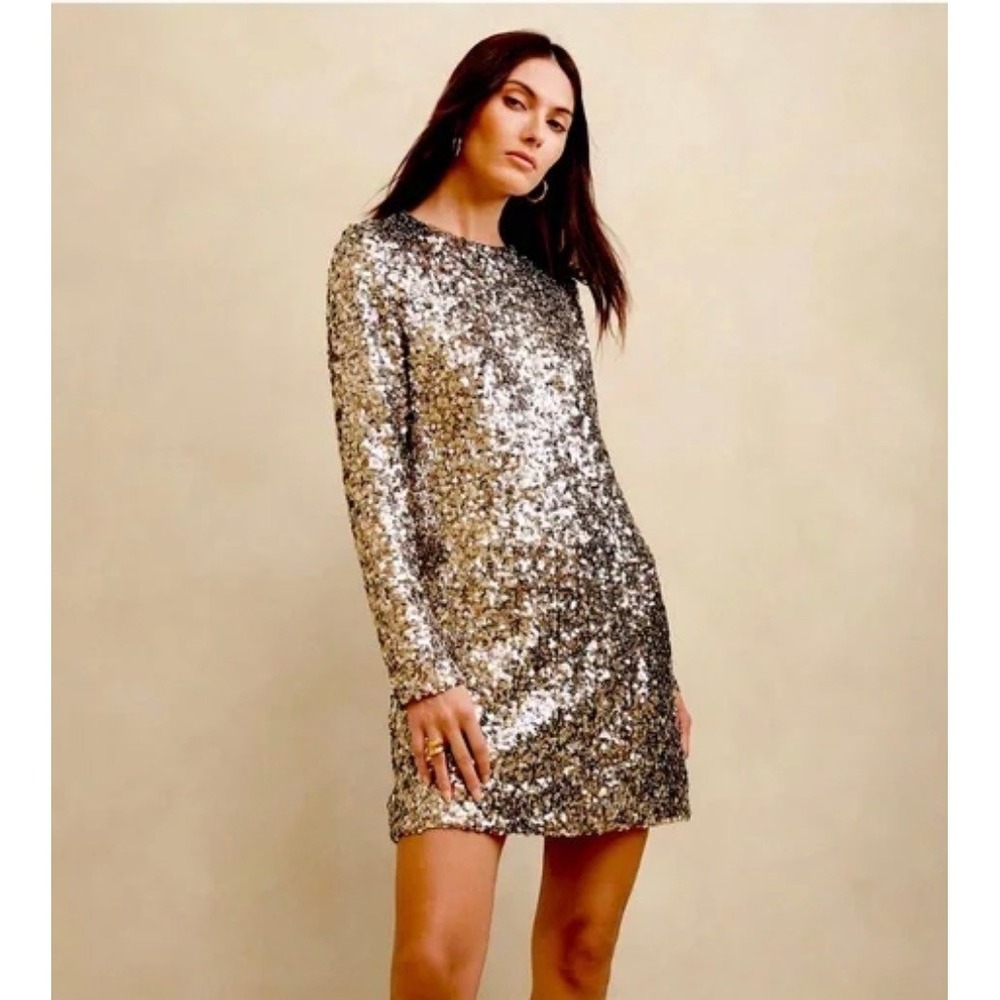 Banana Republic Sequin Mini Shift‎ Dress Silver Gold Metallic Long Sleeve Small